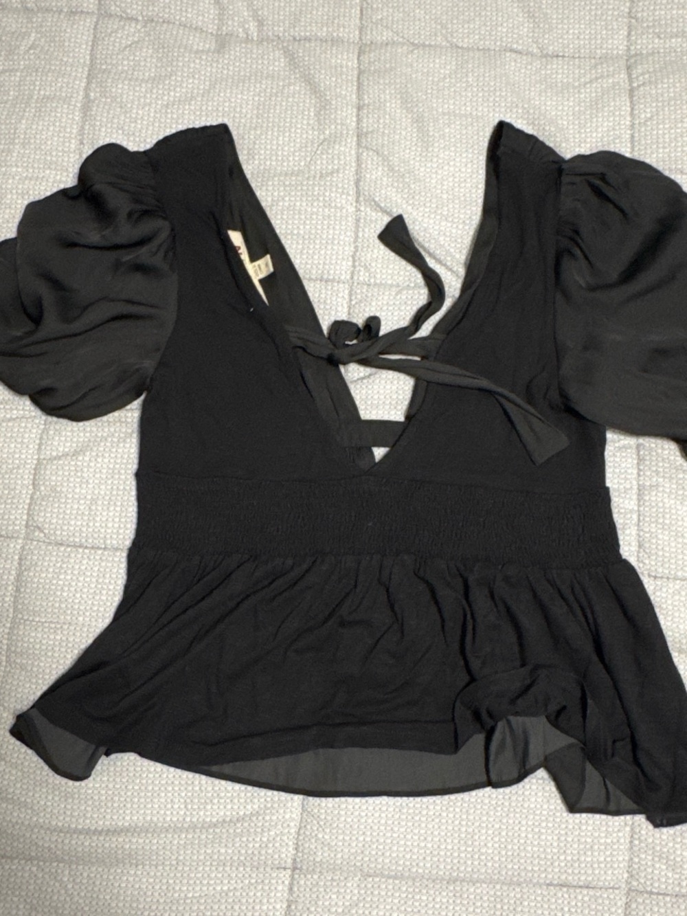 Anthropologie Black Puff-Sleeve V-Neck Tie-Front Blouse - Picture 3 of 4
